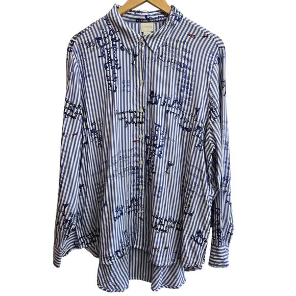 Chico’s Womens Artsy Eclectic Boho Hi Low Blue Stripe Button Up Shirt Size 3/ XL - Picture 1 of 12